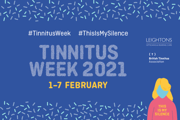 Tinnitus Week 2021 event banner with dates 1-7 February, hashtags #TinnitusWeek #ThisIsMySilence, and a graphic figure wearing a "This Is My Silence" shirt.