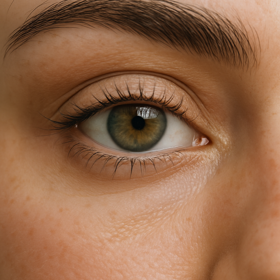 An older woman in striped shirt smiles against a red backdrop.