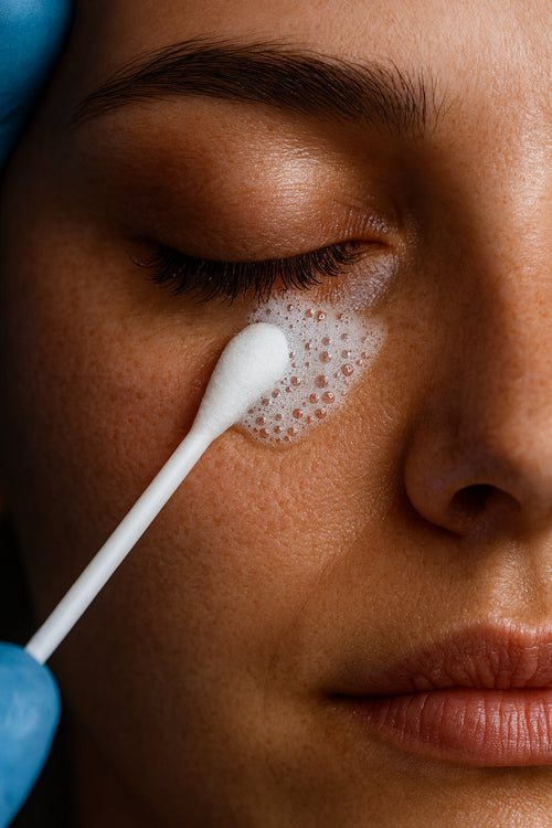 Close-up of a person applying a dry eye treatment with a cotton swab.