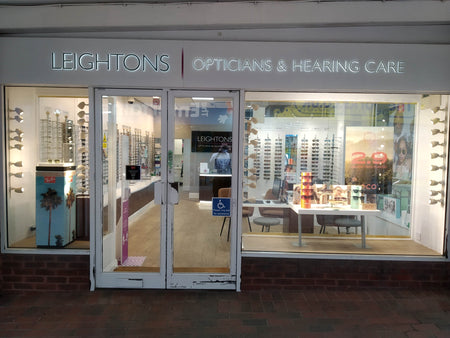 Leightons opticians and hearing care store front with interior view