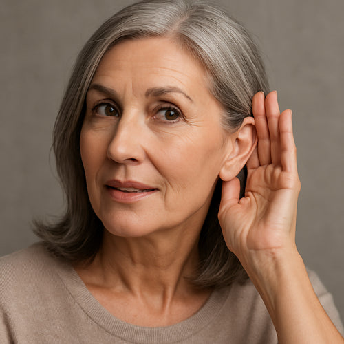 older woman cupping her ear with her hand