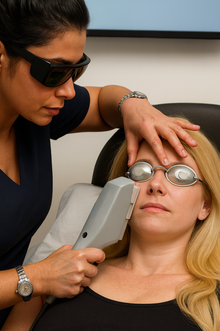 Woman receiving a dry eye treatment with a device from another woman wearing safety glasses.