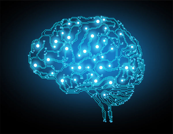 Digital illustration of a brain made of glowing blue circuit lines and nodes, symbolizing artificial intelligence and neural networks.