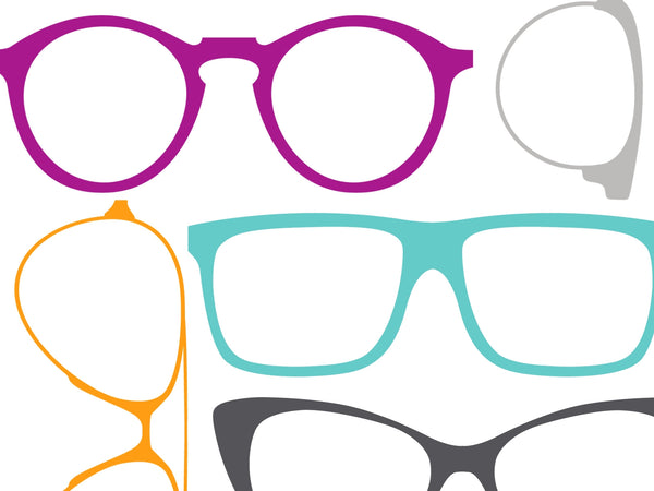 Illustration of various colorful eyeglasses frames in purple, orange, turquoise, gray, and black on a white background.