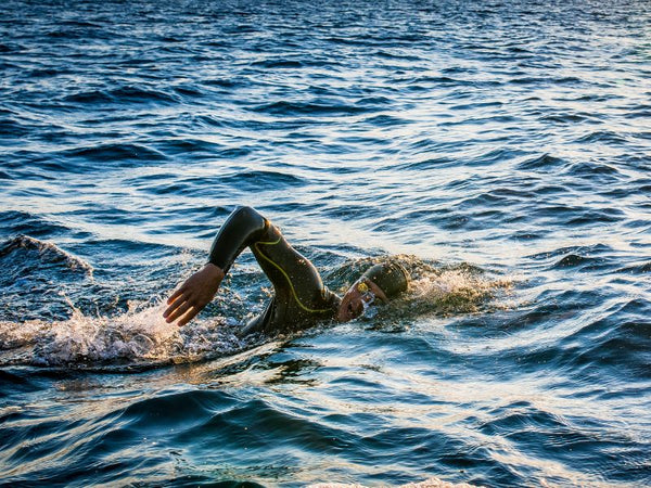 Person swimming in open water wearing a black wetsuit and swim goggles during daylight.