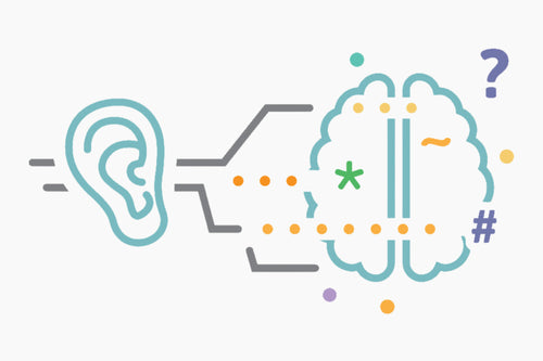 A stylized purple illustration of an ear with sound waves.