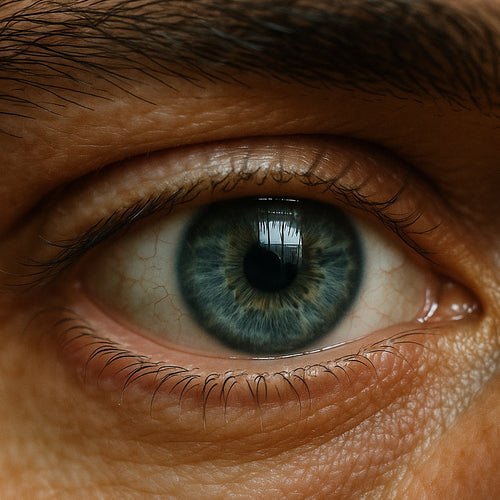 Close-up of a person's eye with detailed iris and eyelid texture.