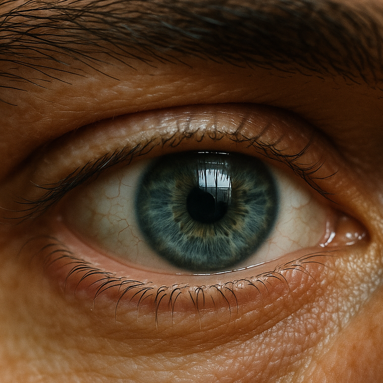 Close-up of a person's eye with detailed iris and eyelid texture.