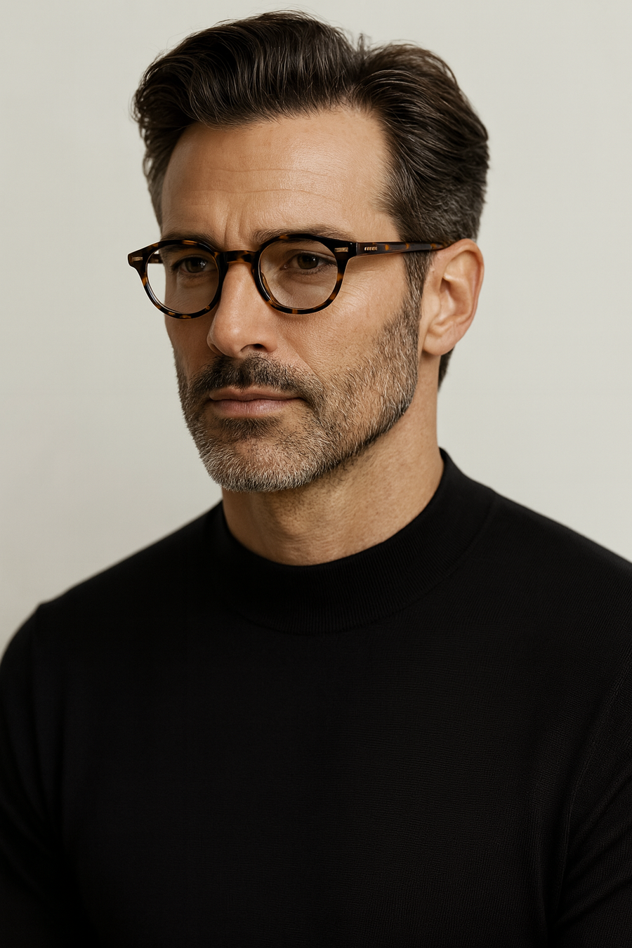 handsome middle aged man wearing stylish tortoiseshell glasses