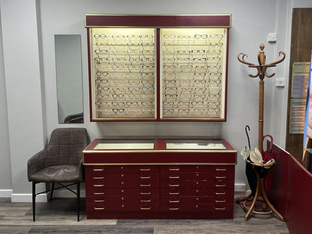 Display of eyeglasses in a store.