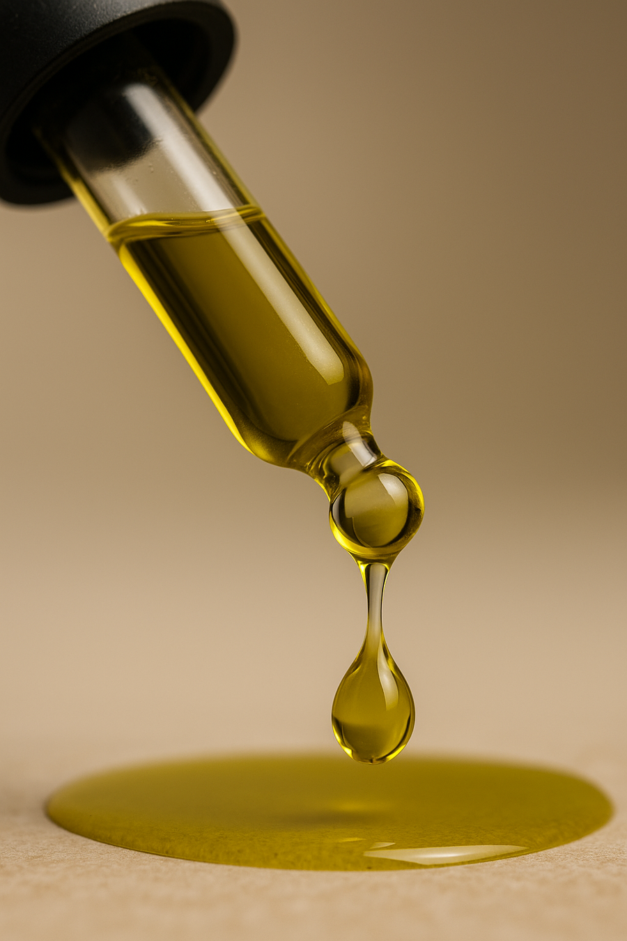 Glass dropper with yellow liquid dripping onto a beige surface