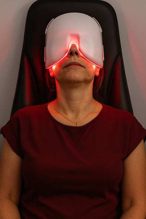 Woman sat down, receiving LLLT treatment for dry eye